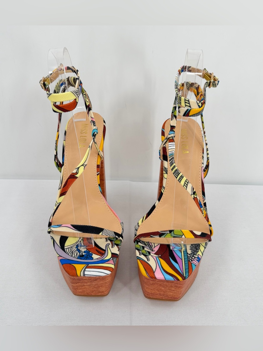 Resort Platform faux wood Block Heel Sandals Multicolor Vacation Heels 6.5 - Picture 4 of 13